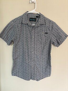 Boys Bold Blue Button Down Shirt Medium Gray Swirl Print Short Sleeve Casual